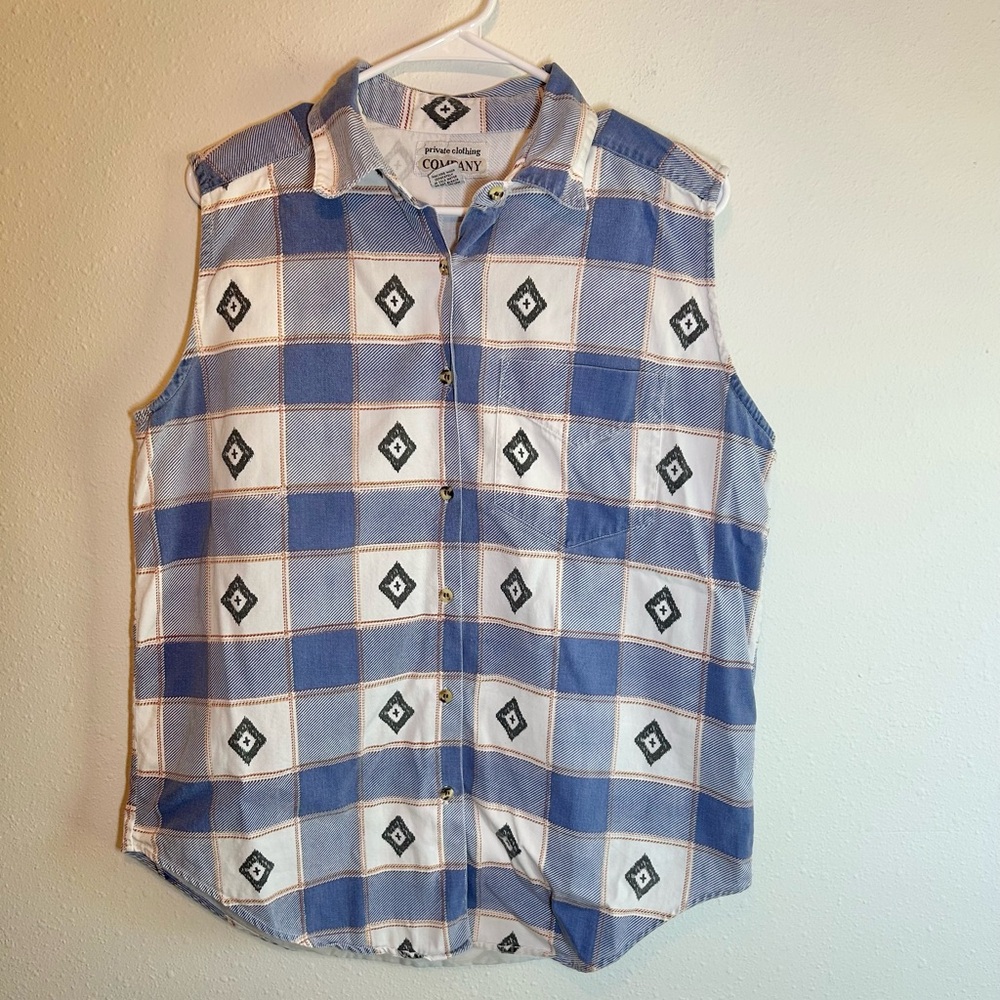 VTG Plaid Button Up Tank Top Women’s L Western Checkered Cowgirl Country Cotton